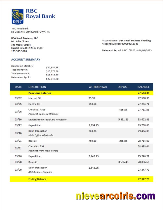 RBC Royal Bank enterprise checking account statement